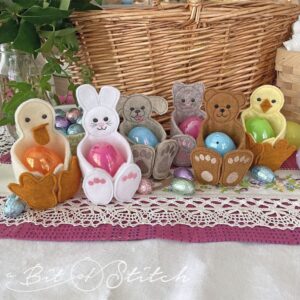 Duck, chick, bunny, cat, dog and bear Easter egg holders made out of felt and machine embroidery designs from A Bit of Stitch