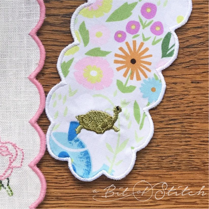Woodland Folk turtle on scallop edged bookmark. Machine embroidery designs by A Bit of Stitch