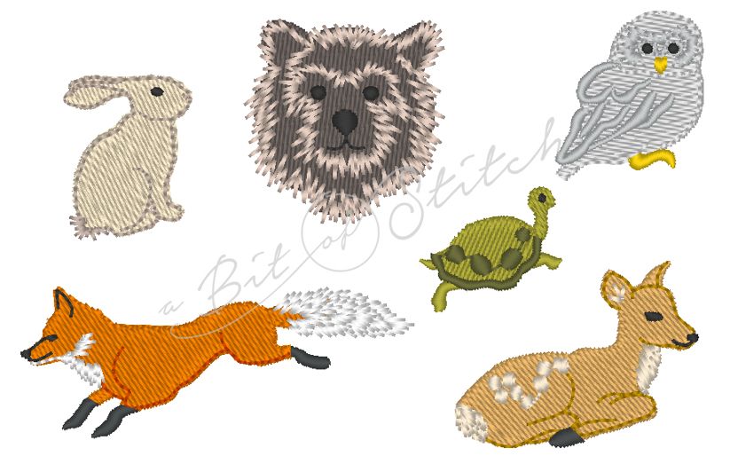 Woodland Animals machine embroidery designs by A Bit of Stitch: Owl, rabbit, fox, deer, bear, and turtle