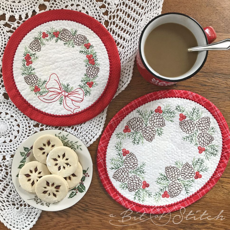 Holiday Pinecones embroidery designs on ITH table toppers mug rugs
