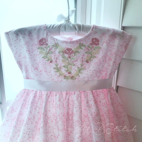 pink floral print dress with vintage floral machine embroidery designs Vintage Vines in Color by A Bit of Stitch