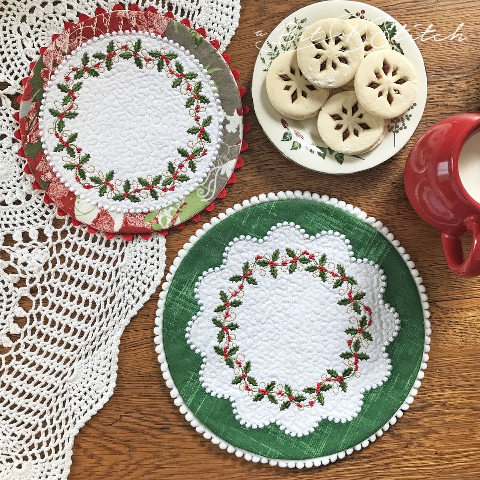 A Bit of Stitch Holly Vines embroidery designs on Dainty Doilies Round