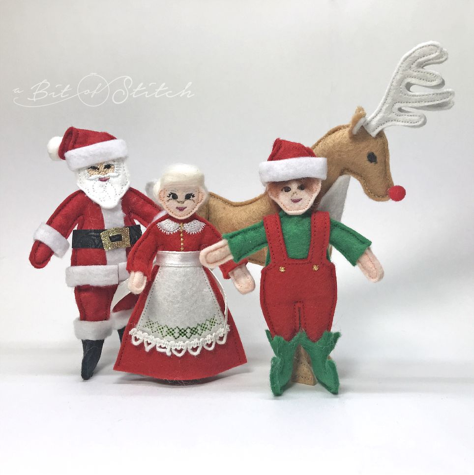 Felt holiday doll designs Santa Mrs Claus Elf Reindeer