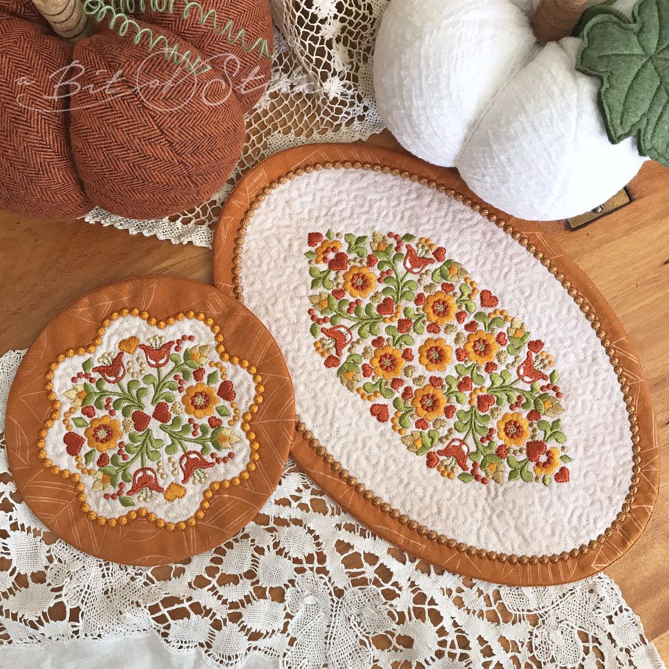 Floral embroidered table topper mats A Bit of Stitch designs