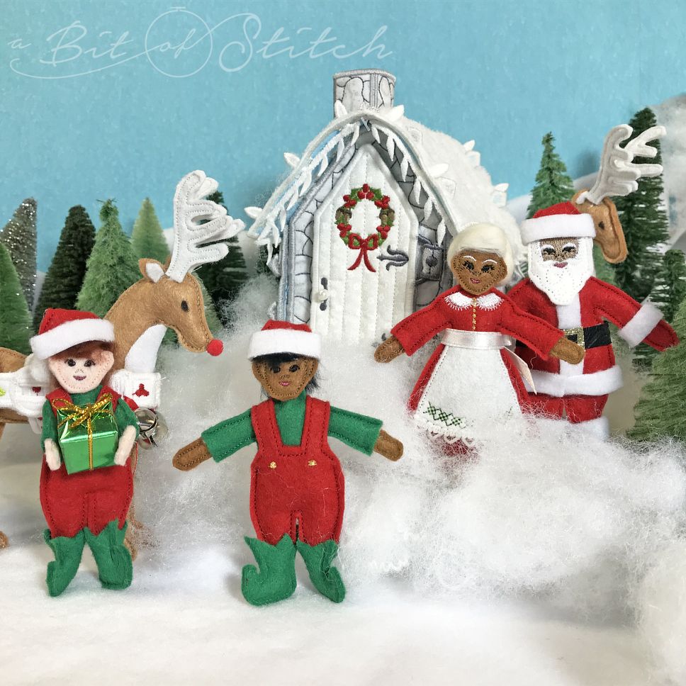 Santa, Mrs. Claus, Elves, Rudolf doll designs by A Bit of Stitch