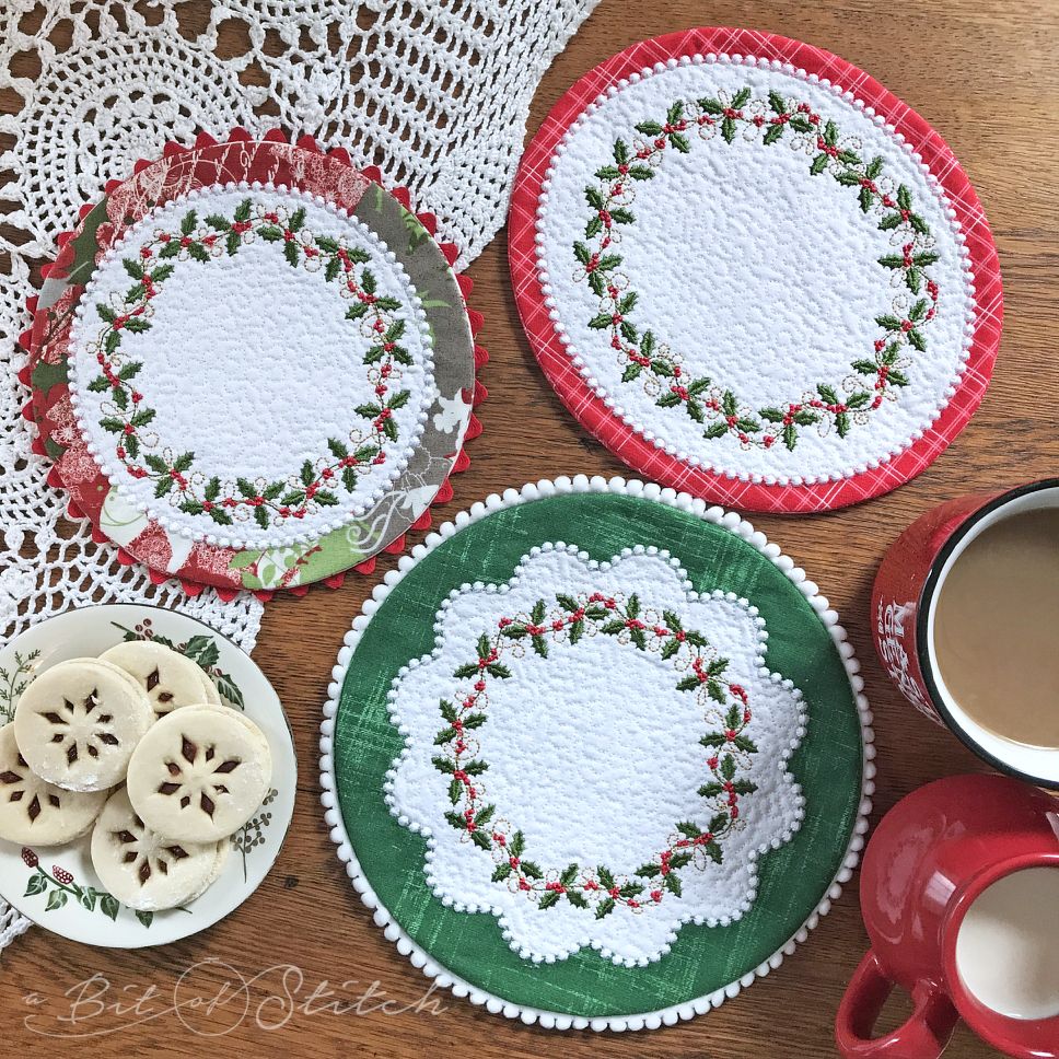 A Bit of Stitch embroidery designs Holly Vines frames on Dainty Doilies