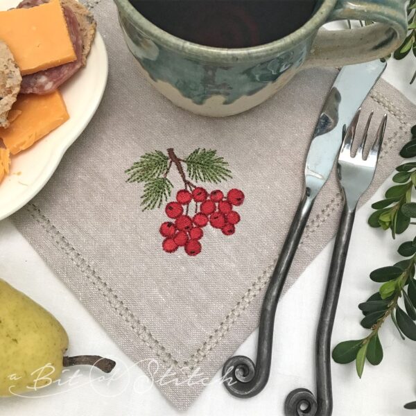 winter berry bunch embroidery design on napkin