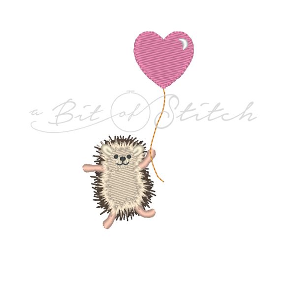 Hedgehog with heart balloon machine embroidery design by A Bit of Stitch