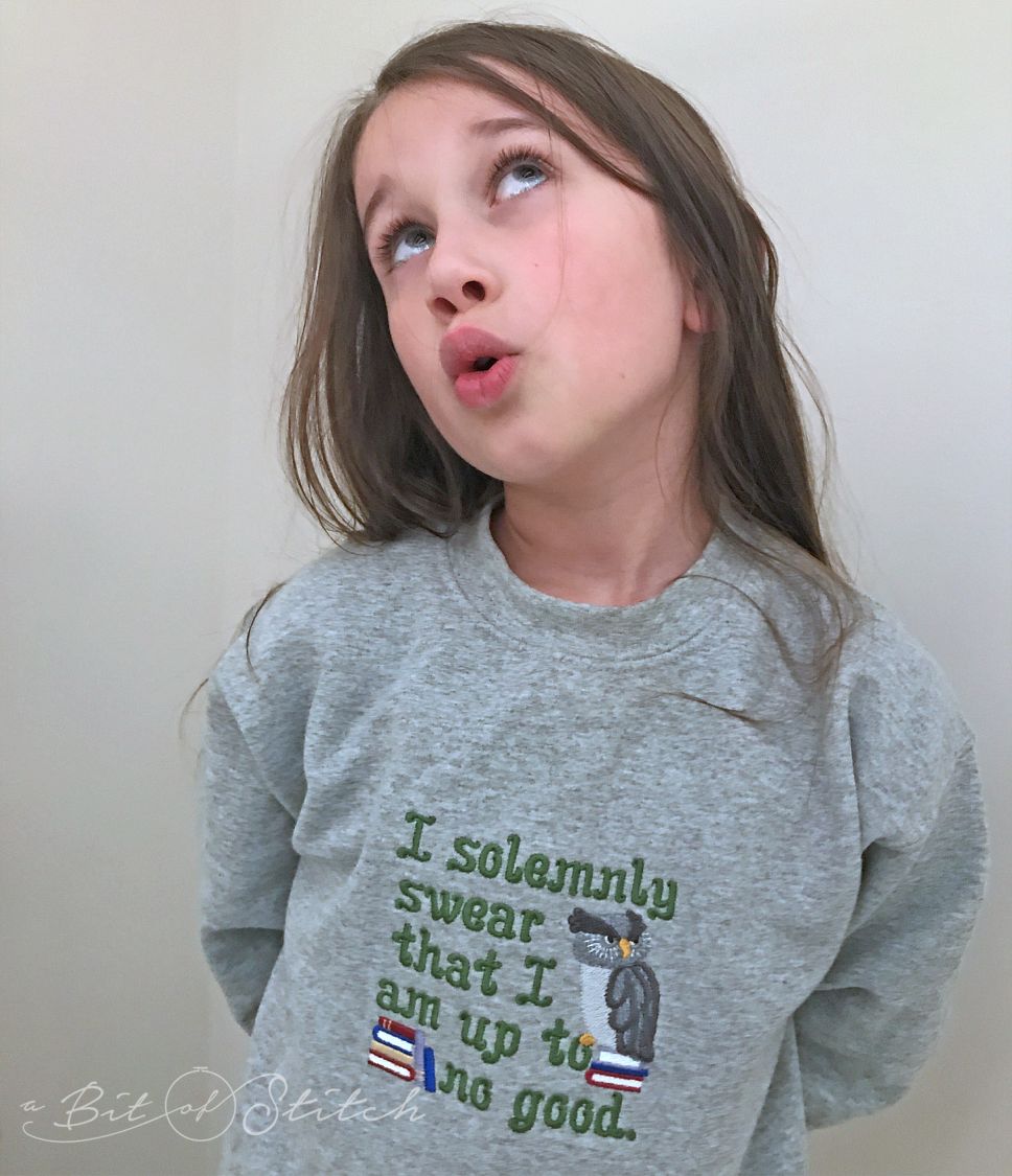 "I solemnly swear that I am up to no good" machine embroidery design by A Bit of Stitch on sweatshirt