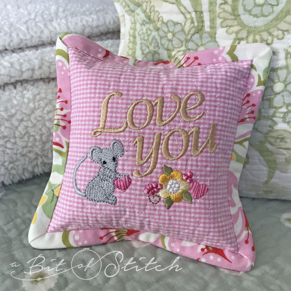 Love you mouse with heart tiny pillow machine embroidery designs by A Bit of Stitch