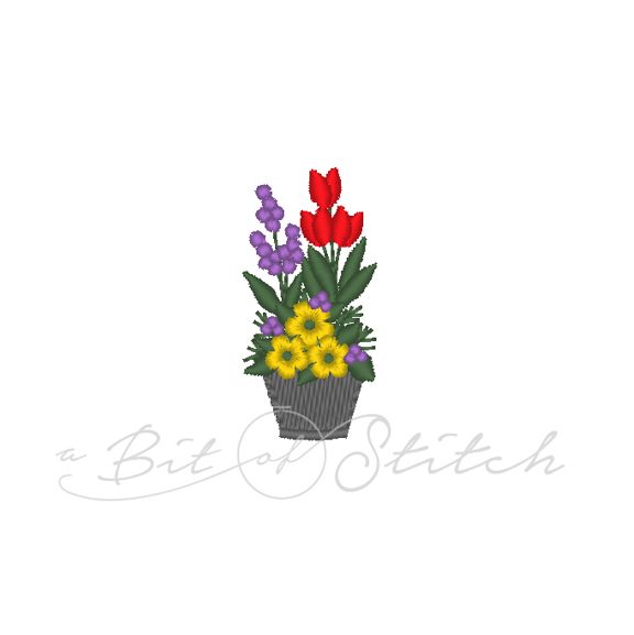 Pot of flowers (tulips, daisies, hyacinths) machine embroidery design by A Bit of Stitch
