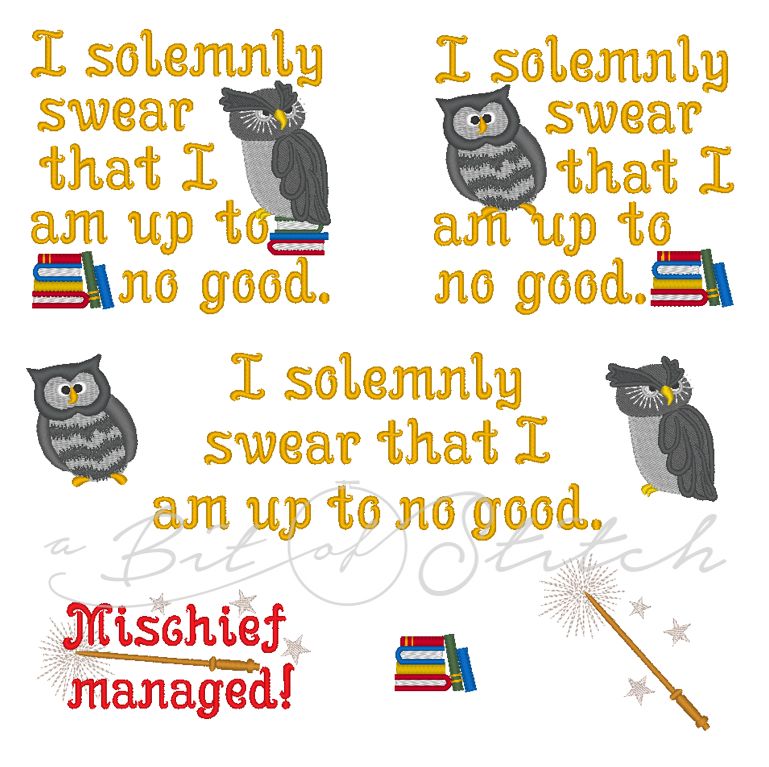 "I solemnly swear that I am up to no good" machine embroidery designs by A Bit of Stitch