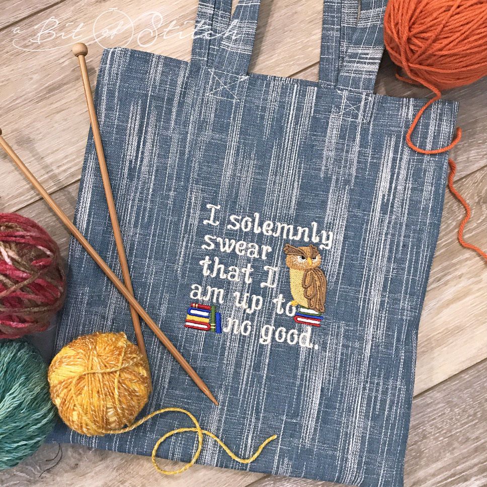 "I solemnly swear that I am up to no good" knitting bag. Machine embroidery designs by A Bit of Stitch
