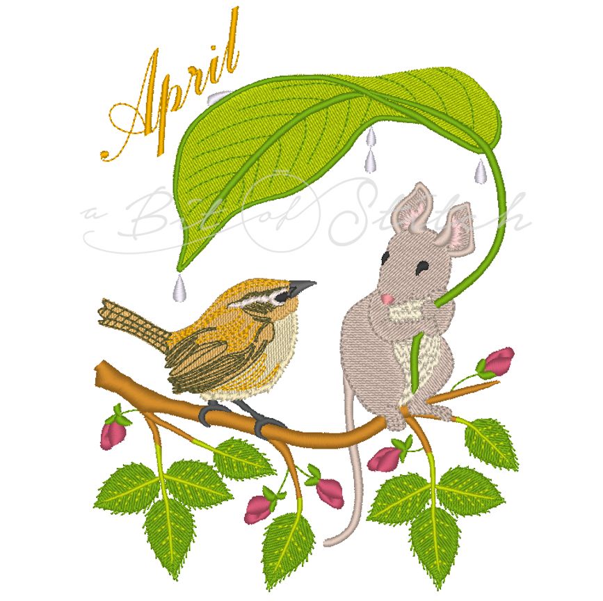 April Friends machine embroidery design by A Bit of Stitch - Carolina wren and mouse with leaf umbrella on rose branch