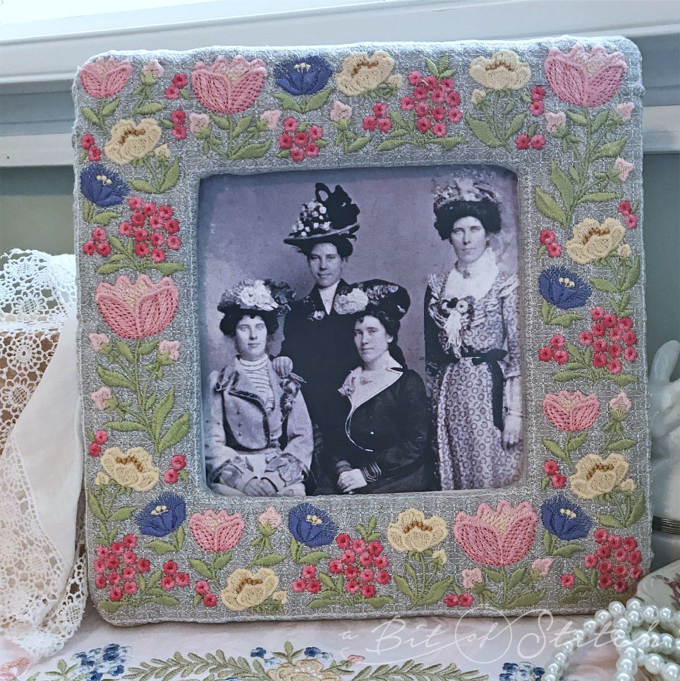 Fiori Eleganti machine embroidery designs by A Bit of Stitch - vintage floral embroidery on photo frame