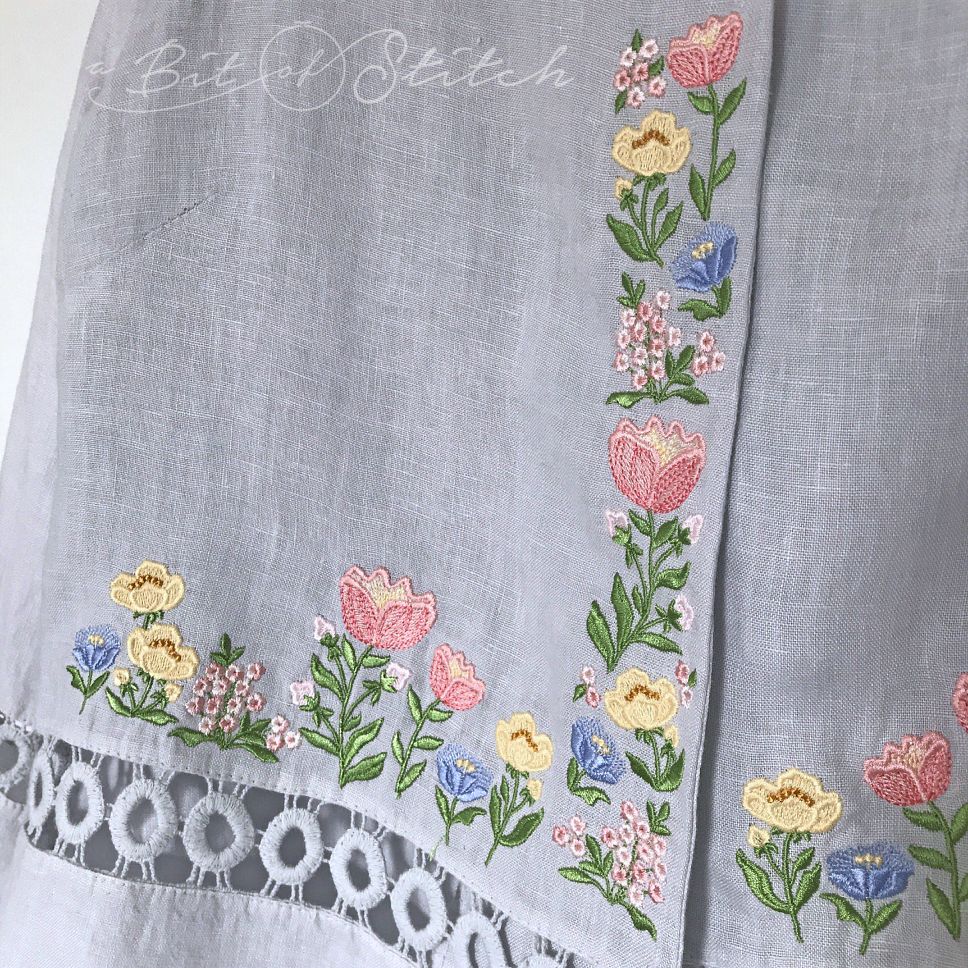 Fiori Eleganti machine embroidery designs by A Bit of Stitch - Spring and Summer flower borders on linen jacket