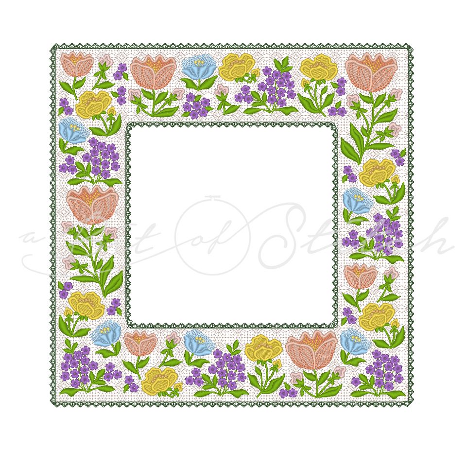 Fiori Eleganti machine embroidery designs by A Bit of Stitch - Spring and Summer flower wreath square lace frame
