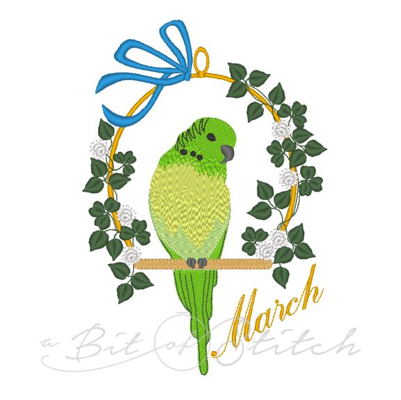 March Parakeet perched on swing with leafy vine and flowers - machine embroidery design by A Bit of Stitch