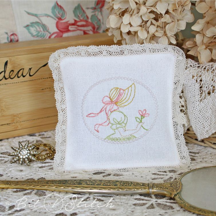 Lace edged sachet with southern belle embroidery from "Crinoline Belles" machine embroidery designs by A Bit of Stitch
