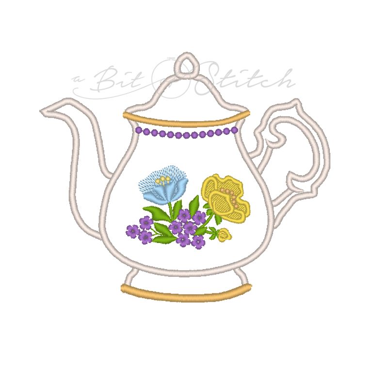 Fiori Teapot machine embroidery applique design by A Bit of Stitch