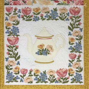 Fiori Teapot embroidery within Fiori Eleganti floral embroidered square frame - machine embroidery designs by A Bit of Stitch