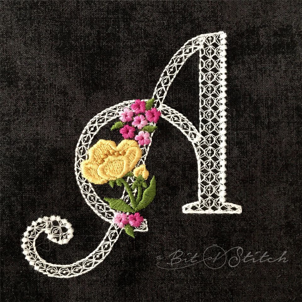 Fiori Script letter A monogram - elegant lacy floral script machine embroidery design by A Bit of Stitch