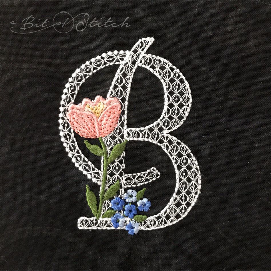 Fiori Script letter B monogram - elegant lacy floral script machine embroidery design by A Bit of Stitch