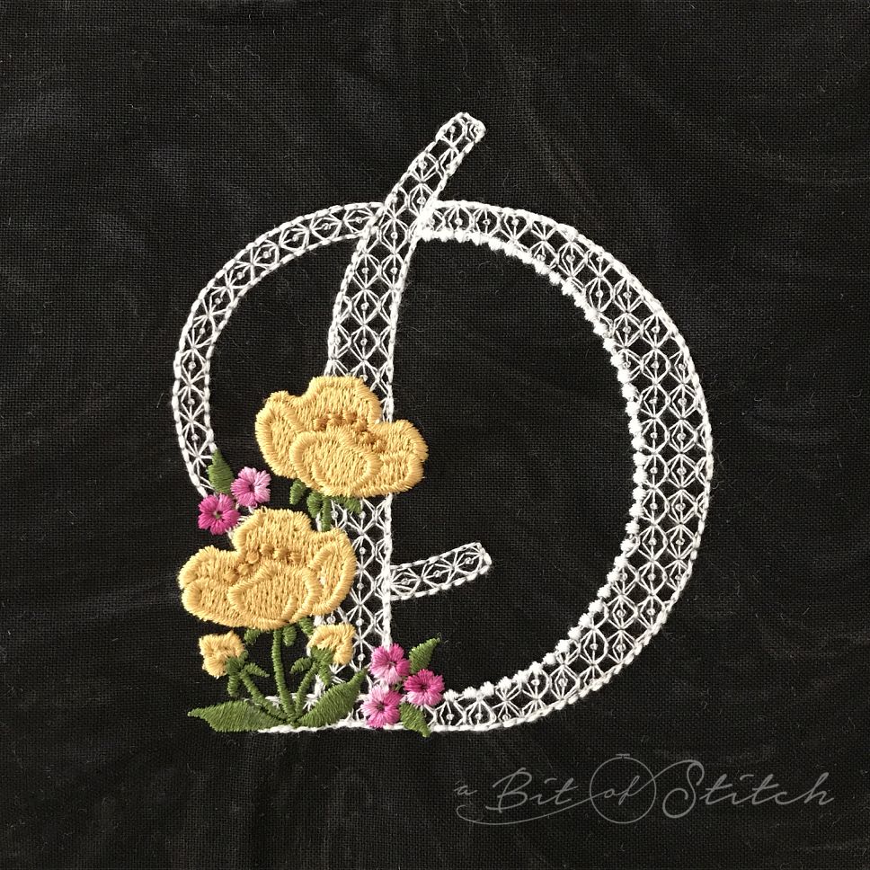 Fiori Script letter D monogram - elegant lacy floral script machine embroidery design by A Bit of Stitch