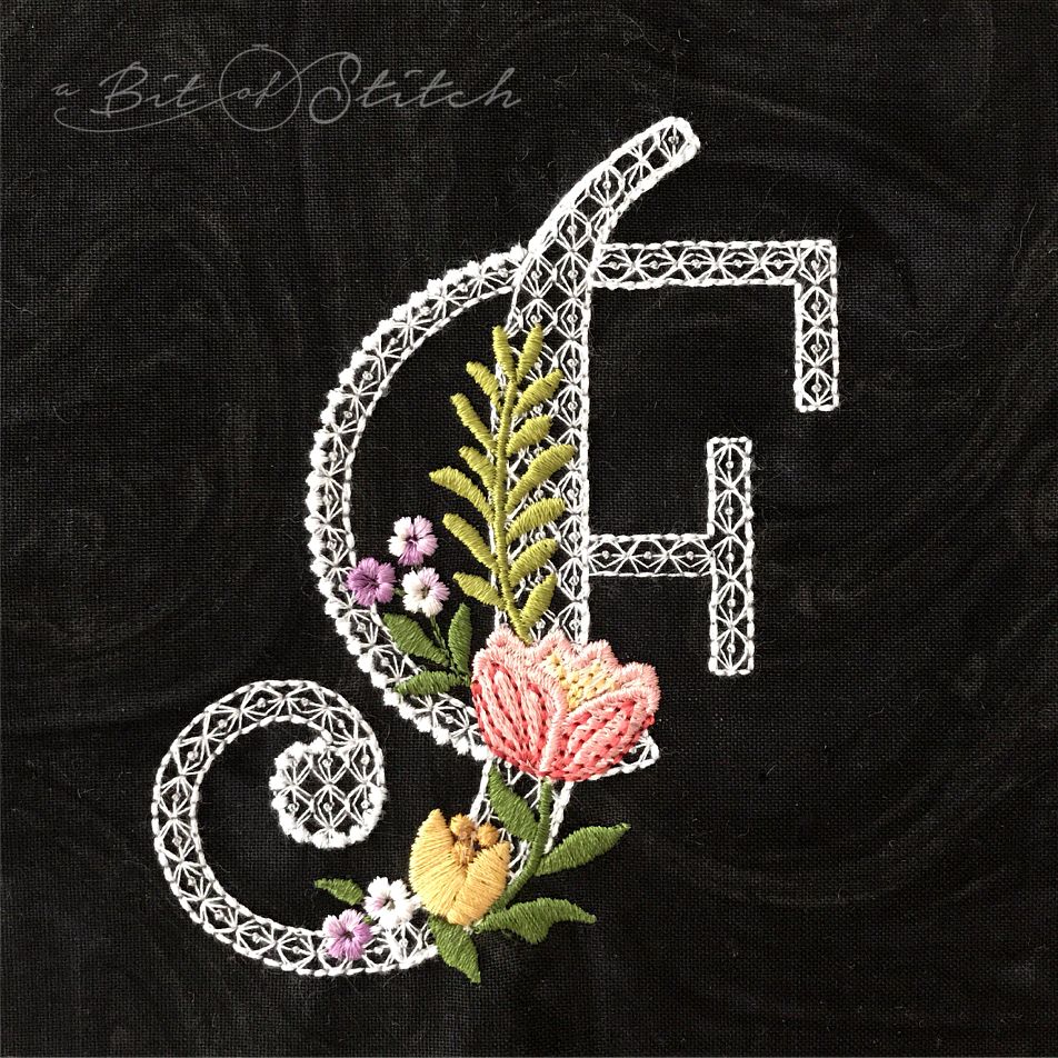 Fiori Script letter F monogram - elegant lacy floral script machine embroidery design by A Bit of Stitch