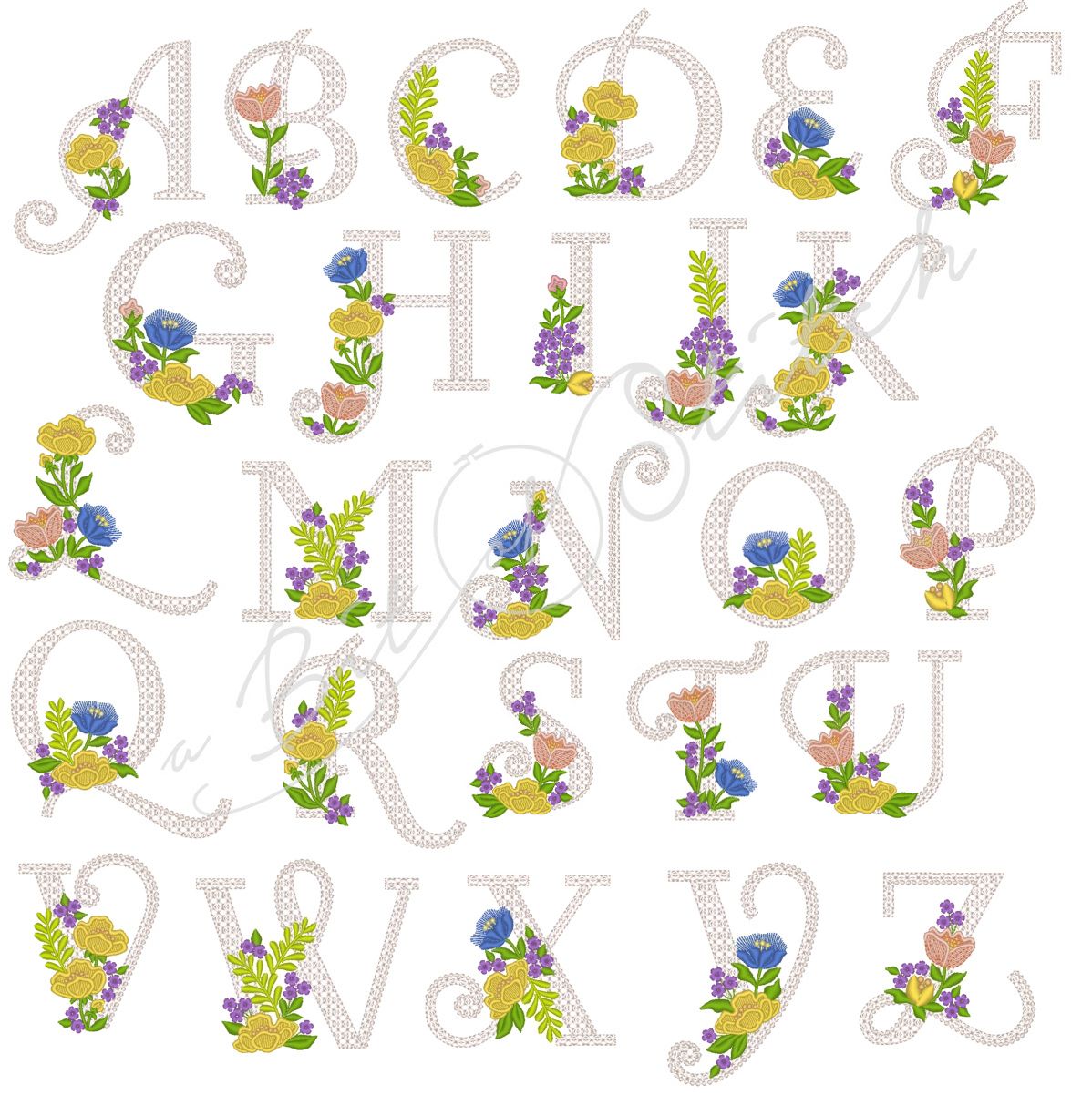 Fiori Script machine embroidery designs by A Bit of Stitch - Elegant lacy floral alphabet letters for monograms