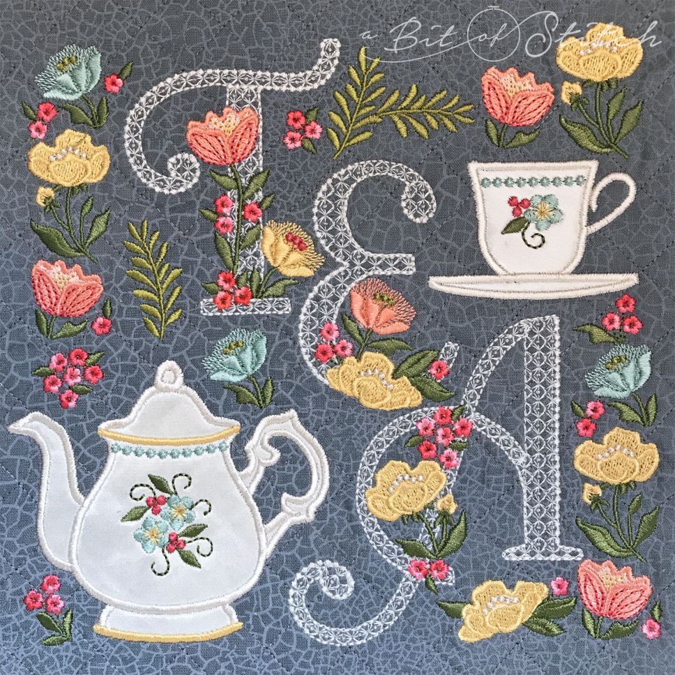 Tea mat with lacy floral script letters, elegant flowers embroidery, and applique teapot and teacup - machine embroidery designs by A Bit of Stitch