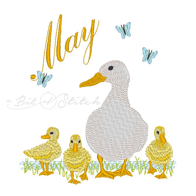 May Ducklings machine embroidery design by A Bit of Stitch - mother duck with baby ducklings, butterflies and "May" script