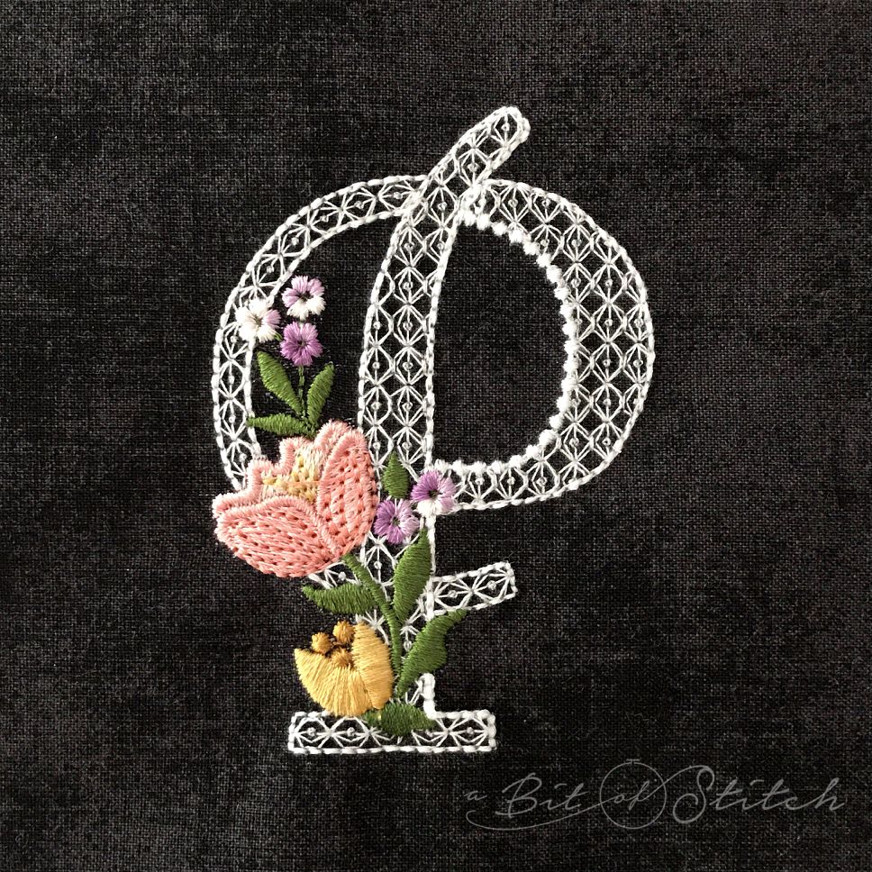 Fiori Script letter P monogram - elegant lacy floral script machine embroidery design by A Bit of Stitch