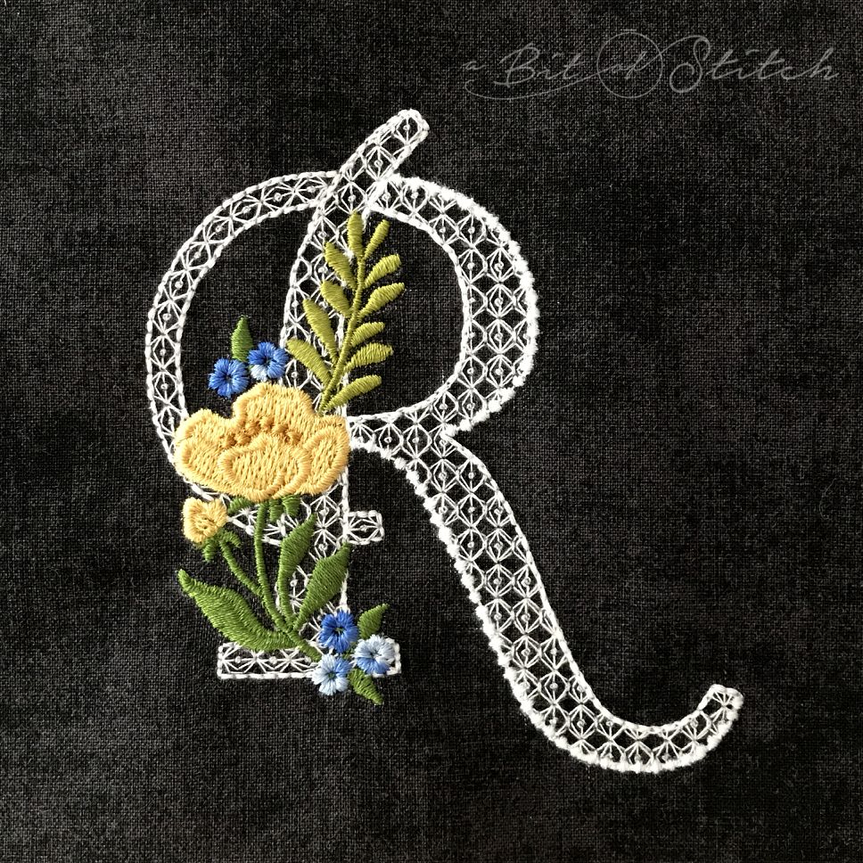 Fiori Script letter R monogram - elegant lacy floral script machine embroidery design by A Bit of Stitch