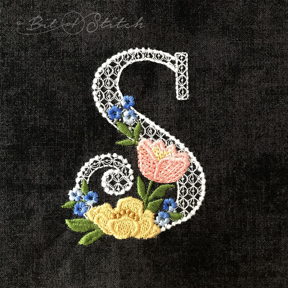 Fiori Script letter S monogram - elegant lacy floral script machine embroidery design by A Bit of Stitch
