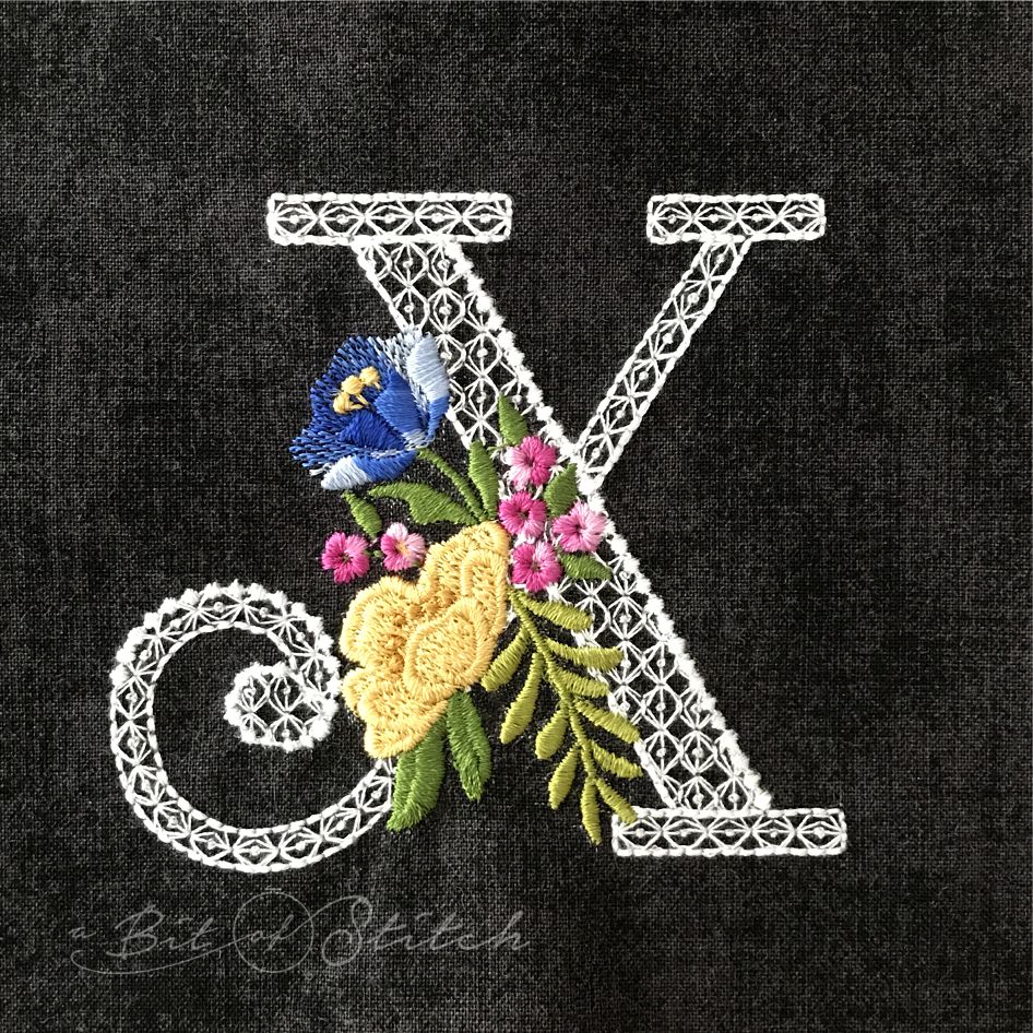Fiori Script letter X monogram - elegant lacy floral script machine embroidery design by A Bit of Stitch