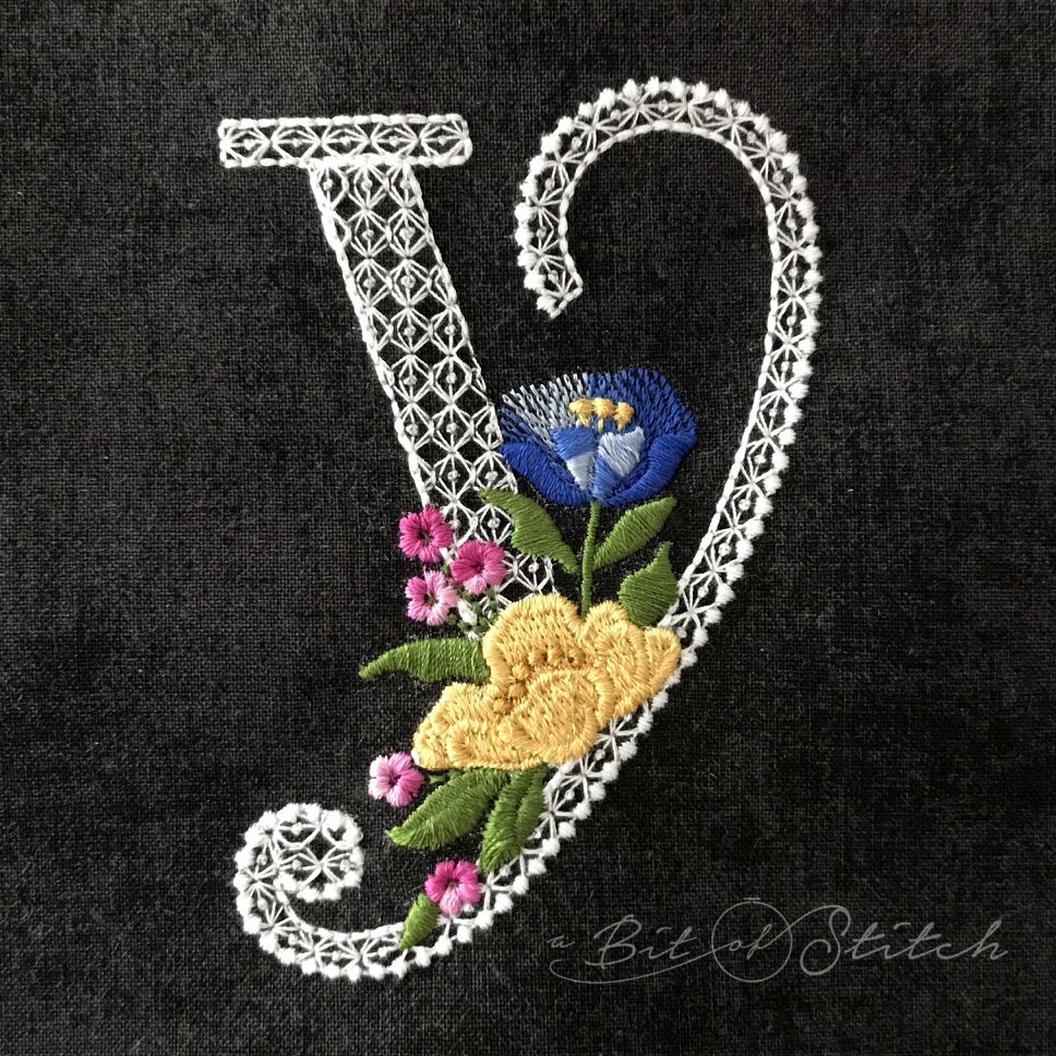 Fiori Script letter Y monogram - elegant lacy floral script machine embroidery design by A Bit of Stitch