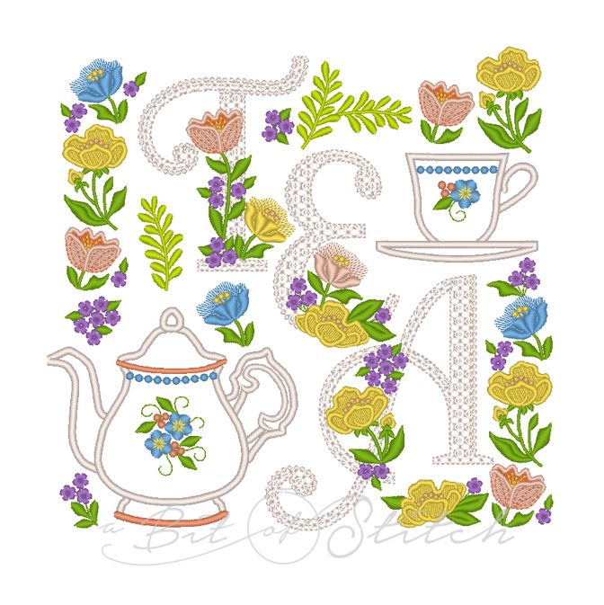 Fiori TEA machine embroidery design by A Bit of Stitch - flowers, teapot, teacup and TEA script