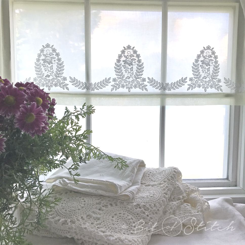 Heirloom Lace machine embroidery designs by A Bit of Stitch - vintage style embroidery on curtains