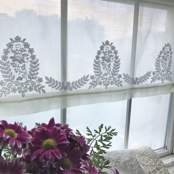 Heirloom Lace machine embroidery designs by A Bit of Stitch - vintage style embroidery on curtains