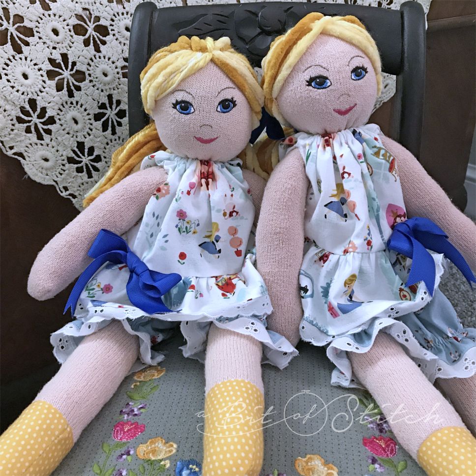 Twin sock dolls made with Enchanted Sock Dolls machine embroidery design for face