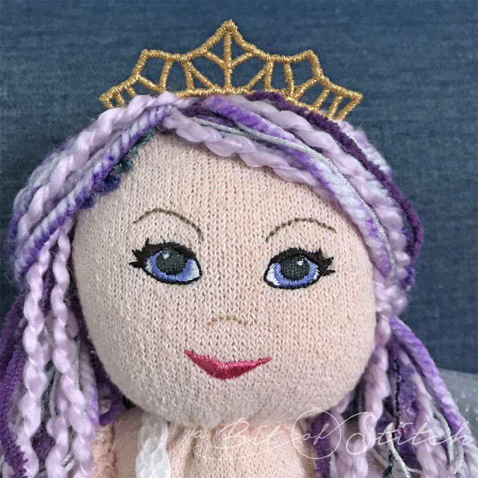 Enchanted sock doll machine embroidery designs by A Bit of Stitch - princess face and free-standing crown