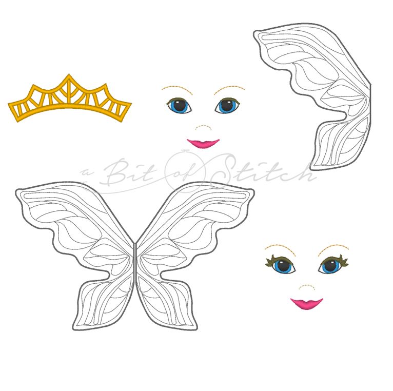 Enchanted sock doll machine embroidery designs by A Bit of Stitch - prince and princess face, crown, fairy wings