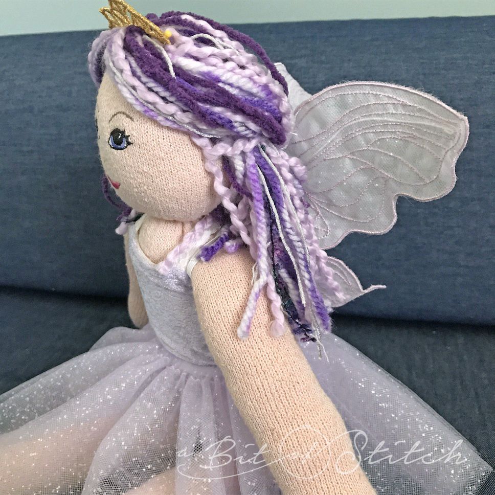 Enchanted sock doll machine embroidery designs by A Bit of Stitch - princess face, 3D crown and fairy wings