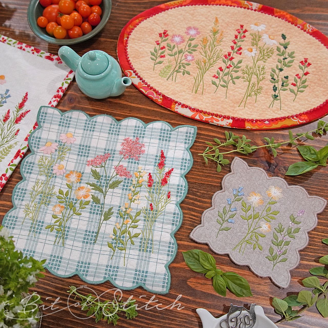 Meadow Flowers wildflower floral machine embroidery designs by A Bit of Stitch on made-in-the-hoop table doilies