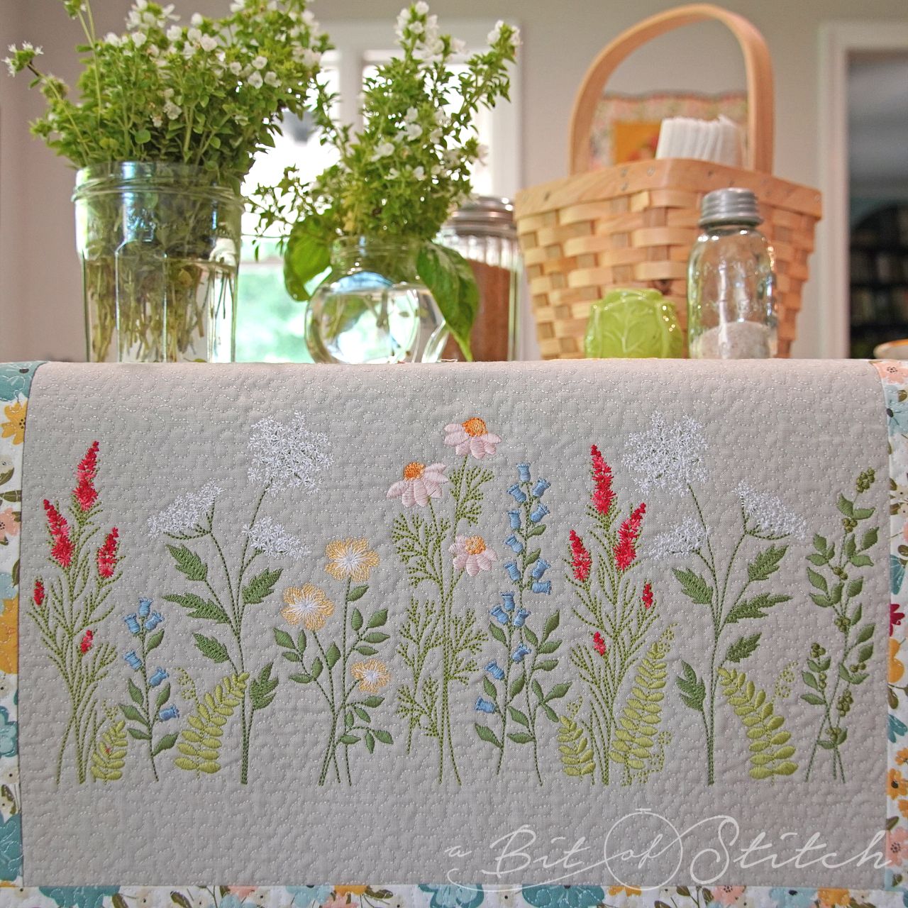 Meadow Flowers wildflower floral machine embroidery designs by A Bit of Stitch on table runner