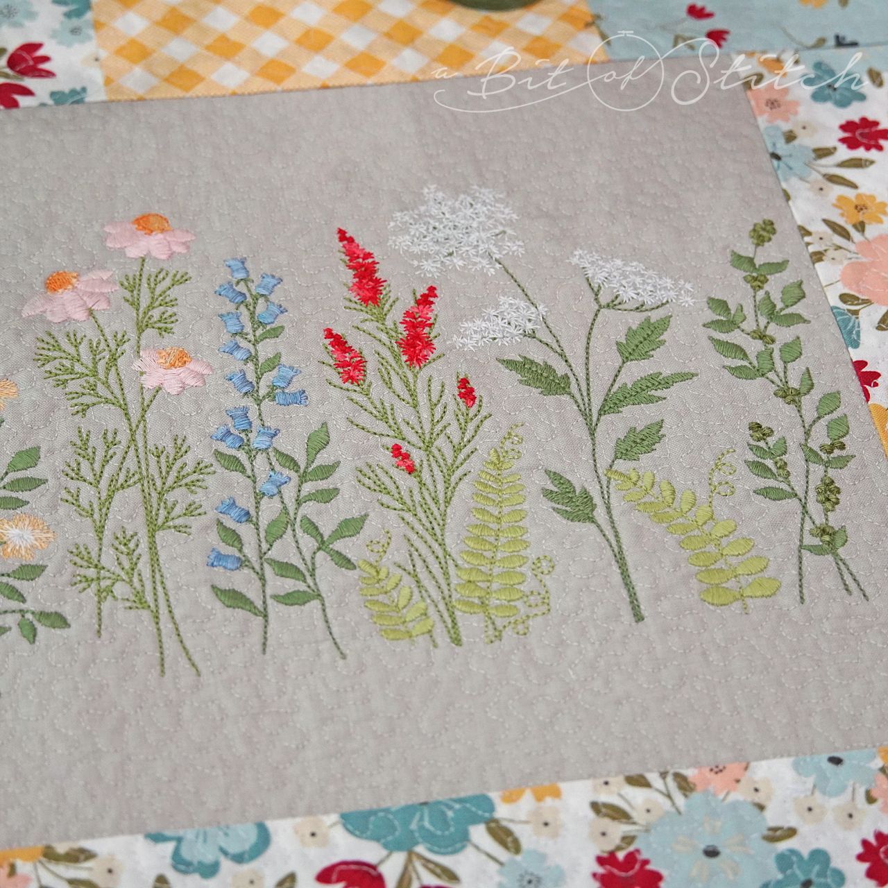 Meadow Flowers wildflower floral machine embroidery designs by A Bit of Stitch on table runner