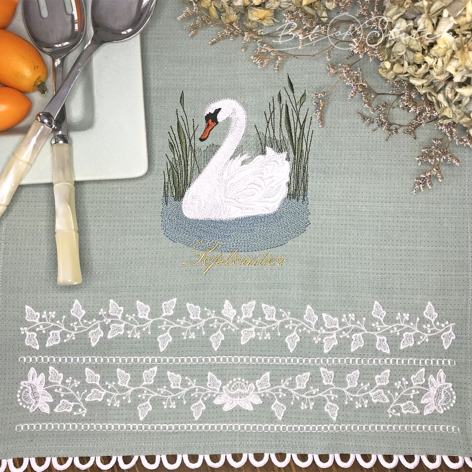 September Swan and Heirloom Lace machine embroidery designs by A Bit of Stitch