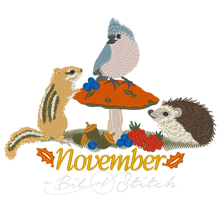 November Feast chipmunk, titmouse bird, and hedgehog gather around mushroom - machine embroidery design by A Bit of Stitch