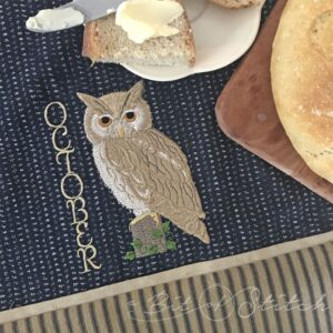 Realistic owl machine embroidery design by A Bit of Stitch on tea towel